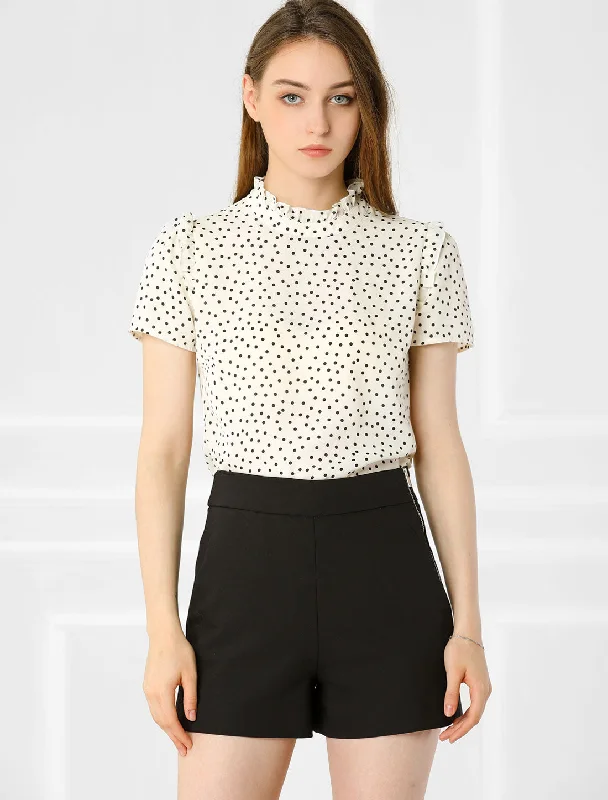 Ruffled Retro Short Sleeve Office Polka Dots Blouse Tops Silky Tunic Blouse
