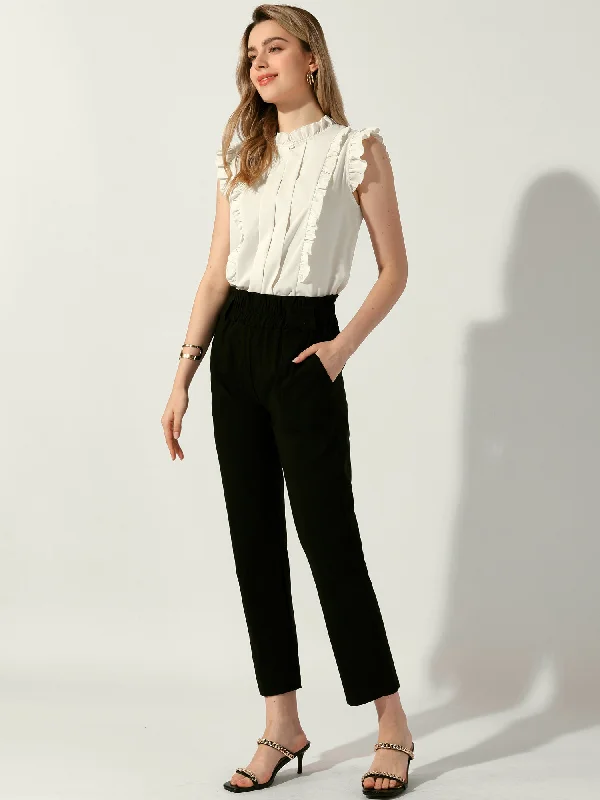 Ruffle Sleeveless Round Neck Dressy Casual Blouse Slim Fit Blouse