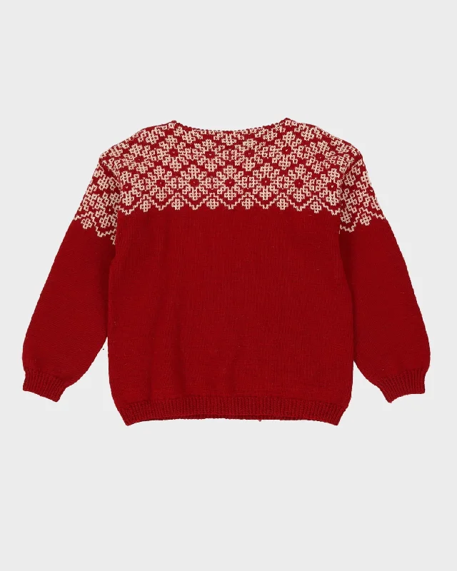 Vintage 1980s Red Wool Hand Knitted Jumper - M Spandex Rayon Corduroy