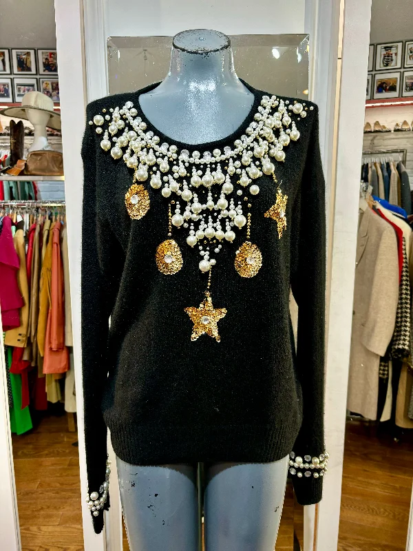 80’s Black Knit Adorned Collar with Pearl and Sequins Sweater Fleece Fabric Down Fabric Feather Fabric 80’s Black Knit Adorned Collar with Pearl and Sequins Sweater Fleece Fabric Down Fabric Feather Fabric
