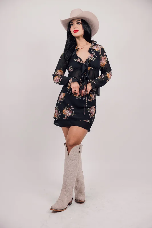 Floral Print Blouse With Front Tie and Ruffle Chic Sleeveless Blouse