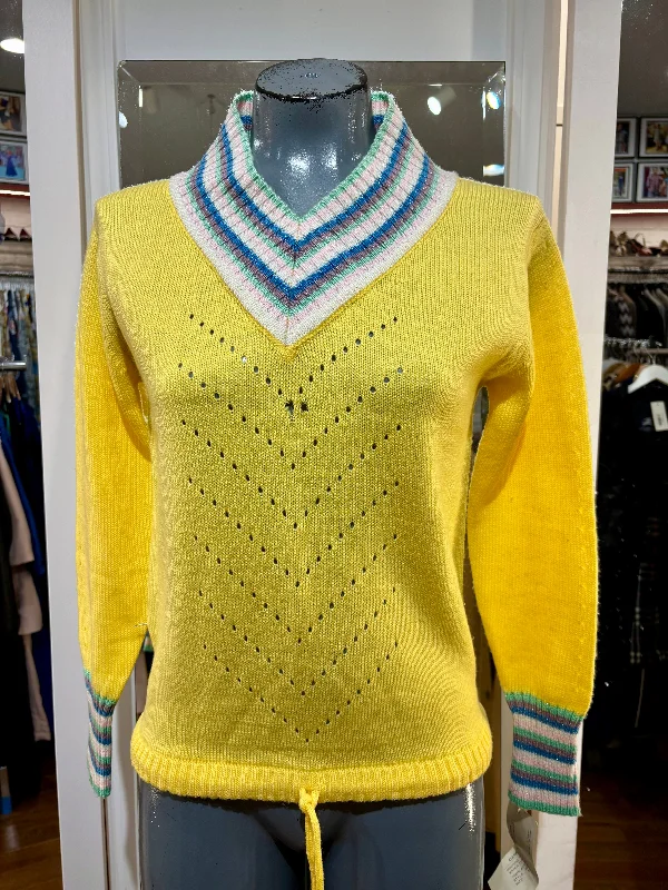 90’s Pale Yellow V Neck Multicolor Stripe Collar Sweater Rayon Fabric Velvet Fabric Corduroy Fabric 90’s Pale Yellow V Neck Multicolor Stripe Collar Sweater Rayon Fabric Velvet Fabric Corduroy Fabric