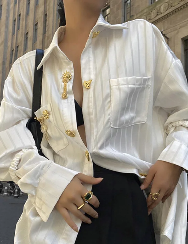 Ladies Solid Color Irregular Button Blouse SXT21453 Polished Work Blouse