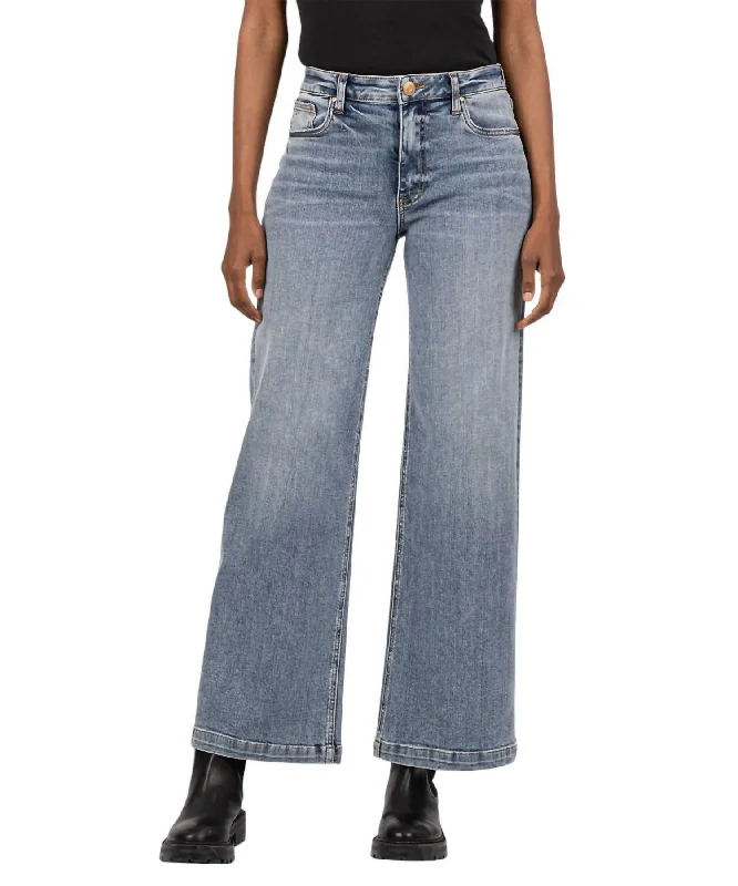 High Rise Wide Leg Clean Hem Jeans In Faded Wash Elegant Tapered Leg Denim