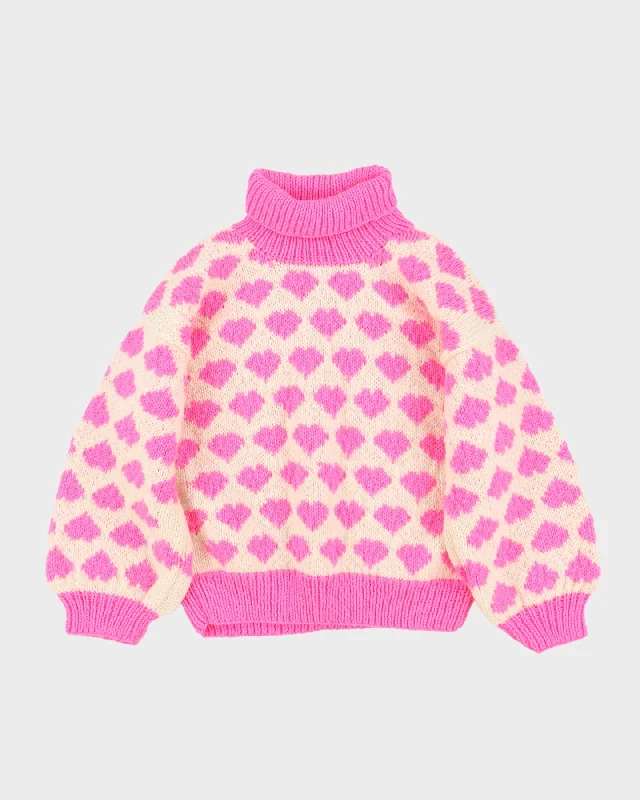 1980s Heart Patterned hand Knitted Jumper - S Elasticated Padded Insulated