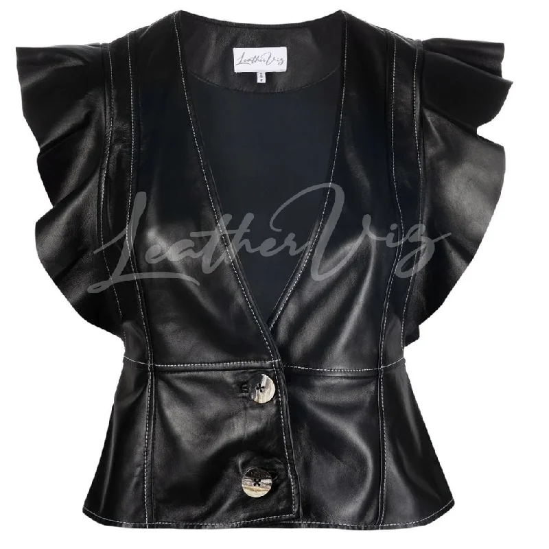 RUFFLED SLEEVES LEATHER BLOUSE FOR WOMEN Silky Tunic Blouse