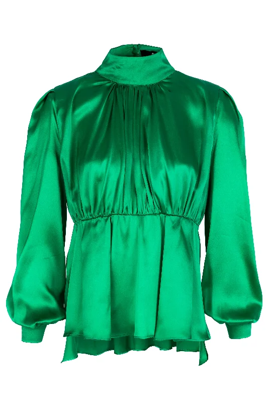 Ruffled Green Silk Blouse Lightweight Tunic Blouse