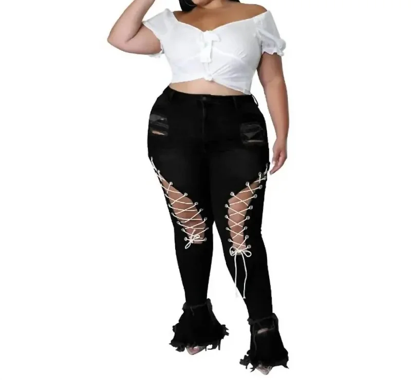 Lace Up Jeans In Black Classic Slim Fit Jeans