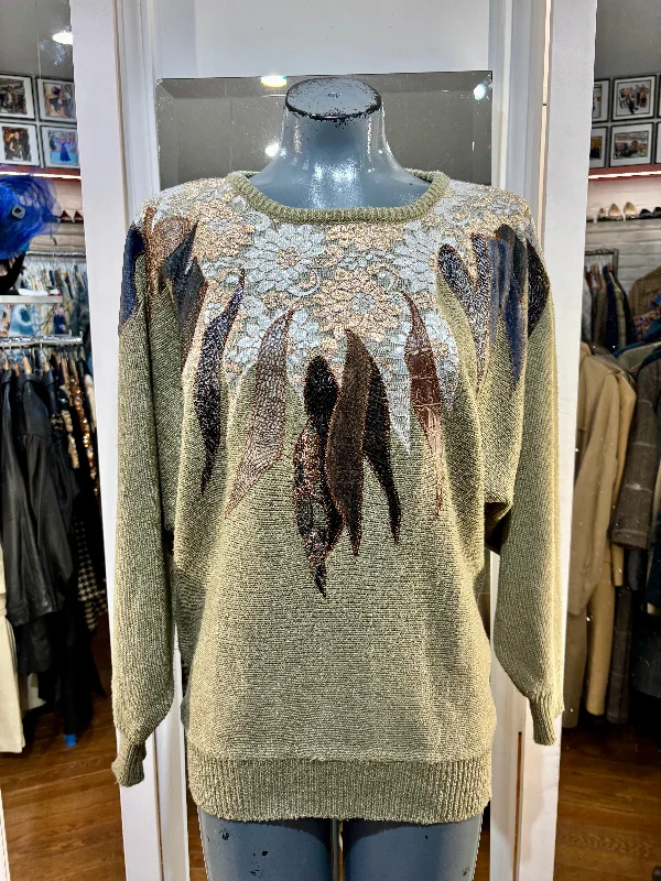 80’s Green Knit Sweater With Multicolor Faux Leather Patches By Maurada Boxy Sweater Fitted Sweater A-Line 80’s Green Knit Sweater With Multicolor Faux Leather Patches By Maurada Boxy Sweater Fitted Sweater A-Line