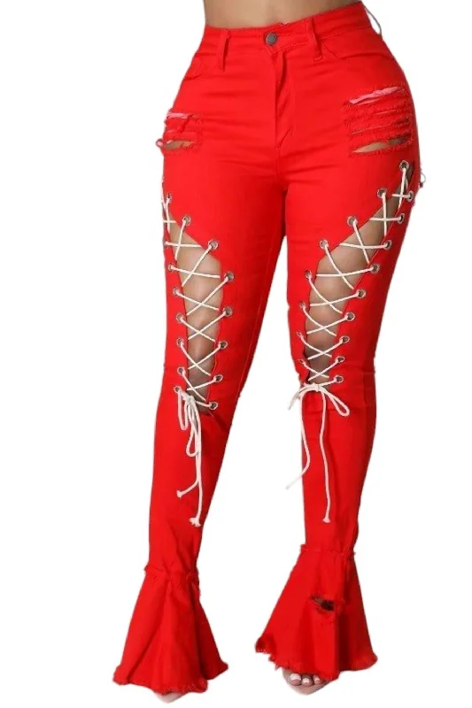 Lace Up Jeans In Red Comfortable Straight-Legged Denim