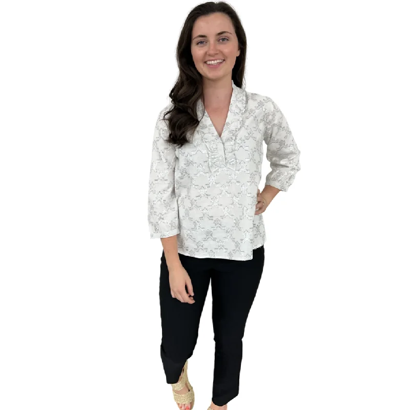 The Emerson Metallic White and Silver Jacquard Blouse Off-Shoulder Wrap Blouse