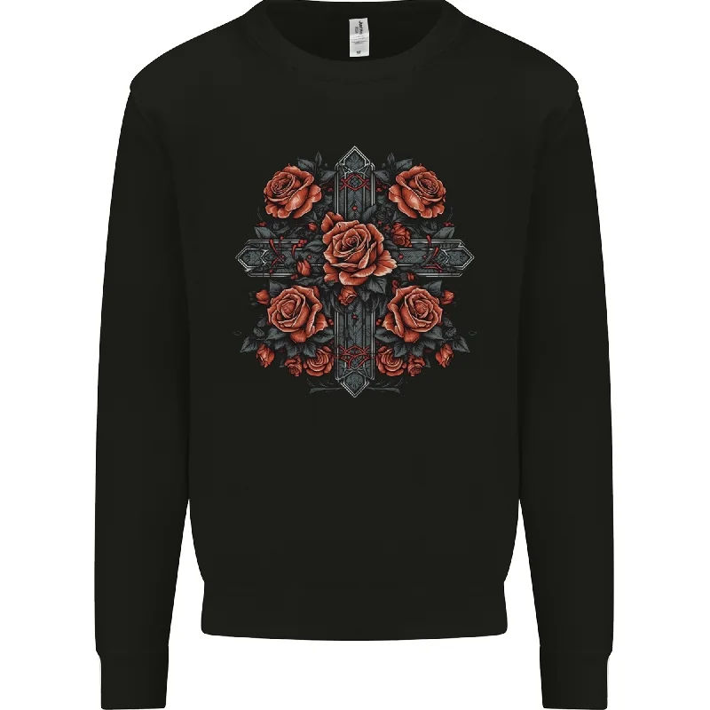 A Cross With Roses Mens Sweatshirt Jumper Hoodie with Ribbed Cuffs Snug Fit Comfort