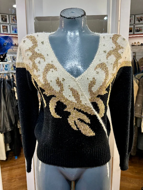 80’s Black & Beige V Neck Holiday Sweater Real Fur Shearling Chenille