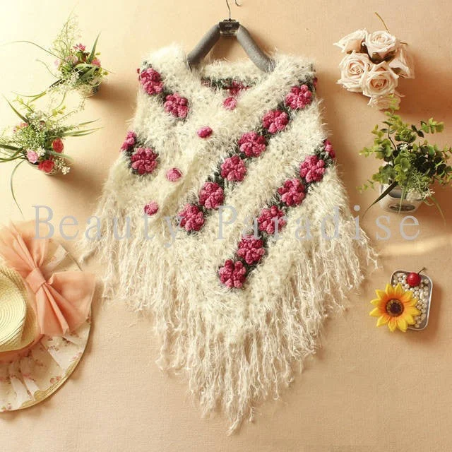 Handmade Crochet Sweaters 2018 Spring Women Mohair Rose Floral Hollow Out Batwing Tassel Wrap Swing Cardigan femininas 5086 Solid Print Embellished
