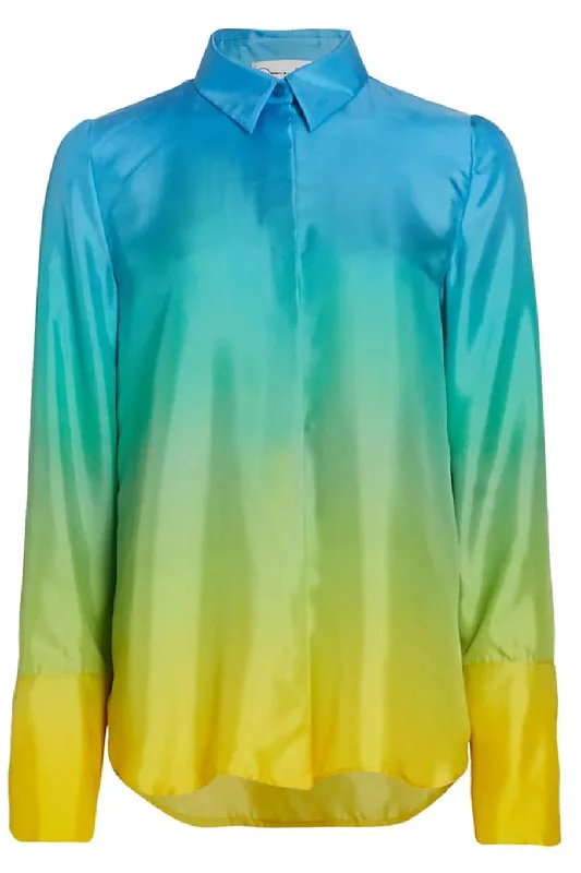 Long Sleeve Ombre Twill Blouse Satin Bow Blouse