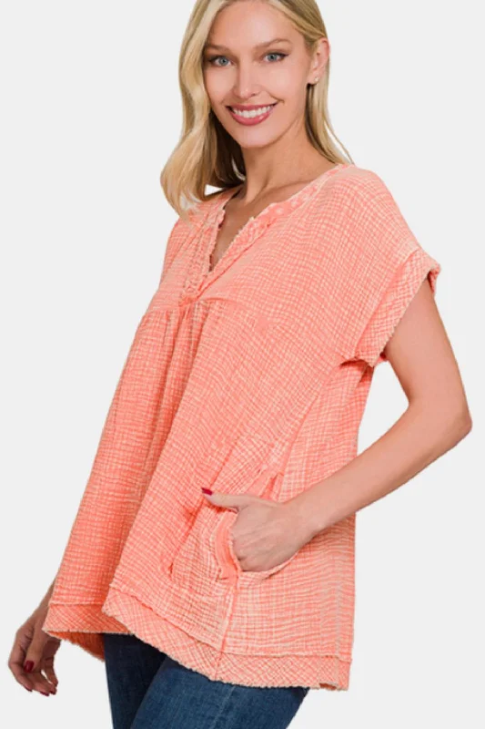 Zenana Washed Raw Hem Short Sleeve Blouse with Pockets Classic White Blouse