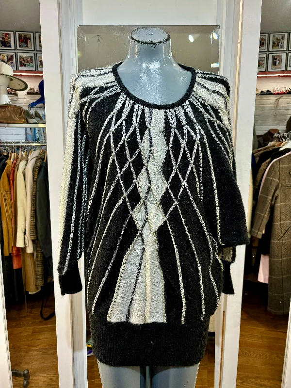 90’s Black Razor Sleeve with Off white and Lurex Silver Color Sweater Wool Sweater Cotton Sweater Cashmere Sweater 90’s Black Razor Sleeve with Off white and Lurex Silver Color Sweater Wool Sweater Cotton Sweater Cashmere Sweater