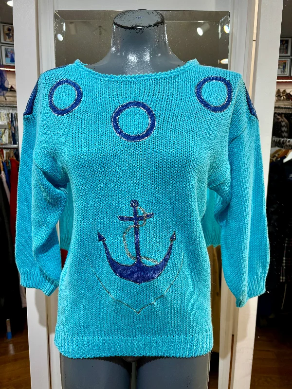 90s Nautical Knit Sweater With Denim Details patch Handmade Hand-knitted Hand-woven