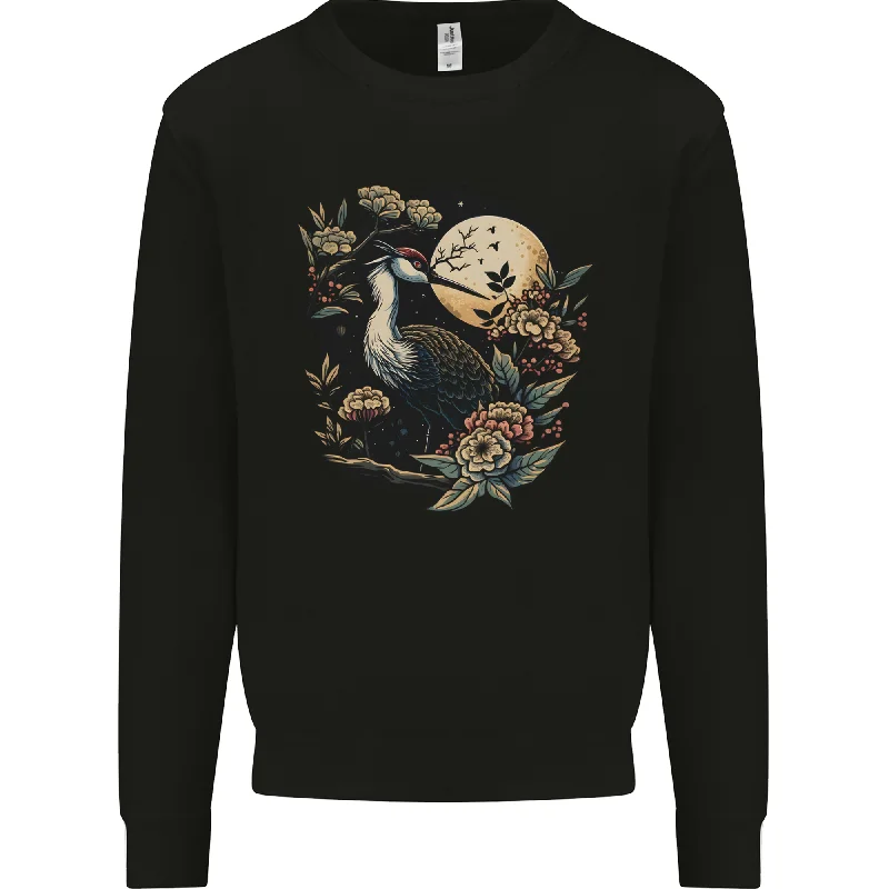 A Crane With Flowers and Moon Bird Mens Sweatshirt Jumper Hoodie with Ribbed Neckline Snug Warm A Crane With Flowers and Moon Bird Mens Sweatshirt Jumper Hoodie with Ribbed Neckline Snug Warm