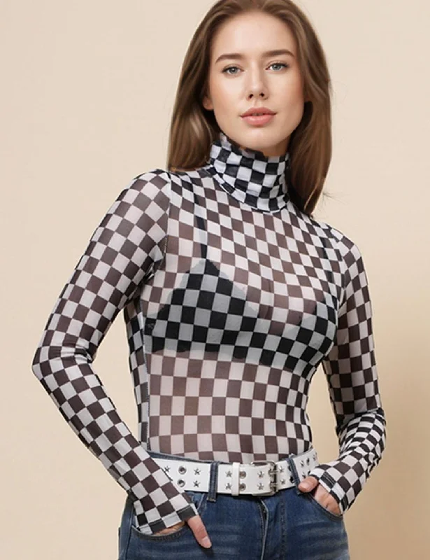 Ladies See Sheer Blouse Grid Print Mesh Layring Top SKT4935 Silky Draped Blouse