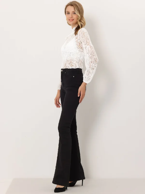 Floral Lace Top Turtleneck Puff Long Sleeve See Through Sheer Blouse Asymmetric Hem Blouse