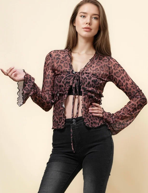 Ladies Leopard See Sheer Mesh Top String Tie Blouse SKT4989 Sheer Mesh Blouse