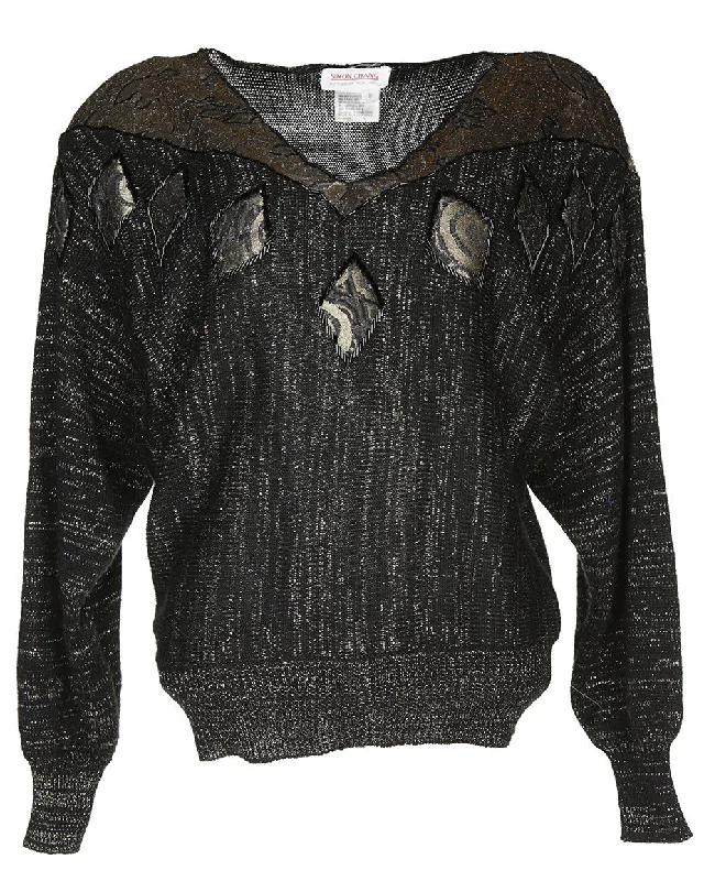 80s Black & Bronze Jumper - S Plaid Sweater Polka Dot Checkered