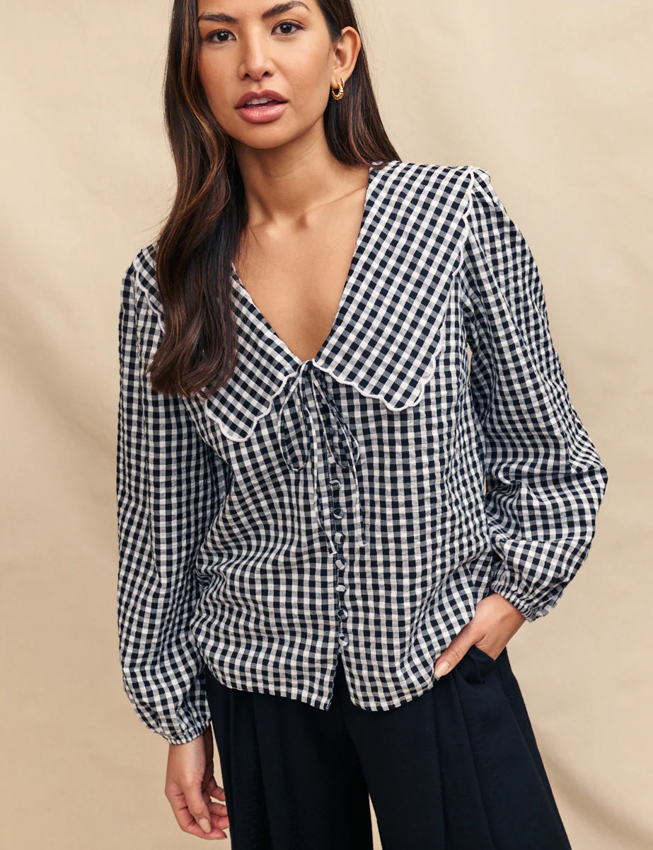 Black Gingham Long Sleeve Birdie Blouse Sheer Mesh Blouse