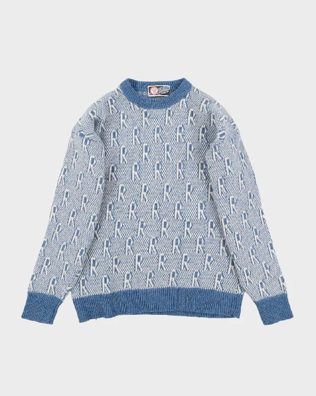 1980s Blue And White R Patterned Knitted Jumper - S Solid Print Embellished