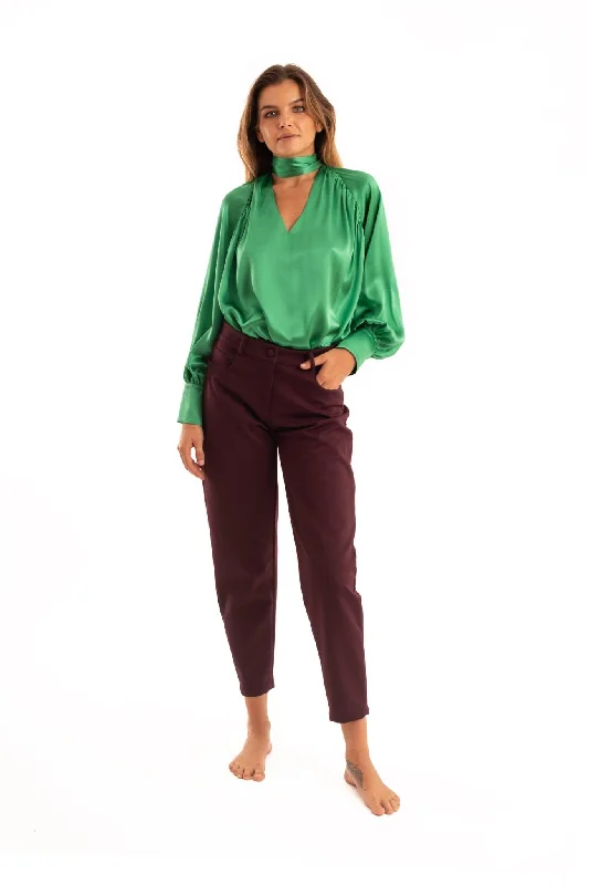 Green Silk Blouse - NOPIN Puff Sleeve Blouse