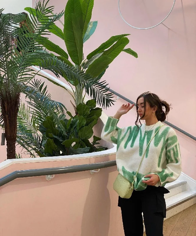 Green & White Poplar Paint Spill Jumper Cable Knit Ribbed Knit Lace Knit