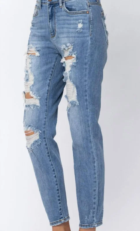 Hi Rise Destroyed Boyfriend Jeans In Blue Comfortable Drawstring Waist Jeans