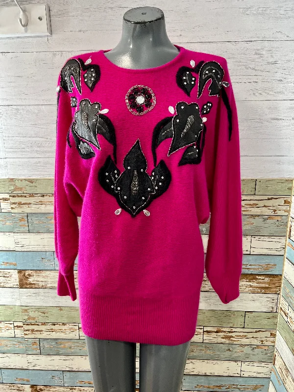 80s Fuchsia Knit Sweater with Leather Applications Casual Formal Business