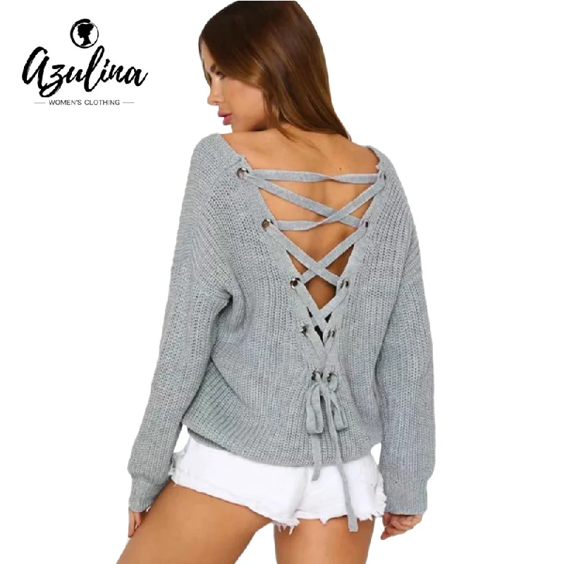 AZULINA Boho V Neck Back Lace Up Pullover Sweater Women Mustard Long Sleeve Casual Jumper Fall 2017 Fashion Sexy Loose Sweater Denim Fabric Leather Fabric Suede Fabric