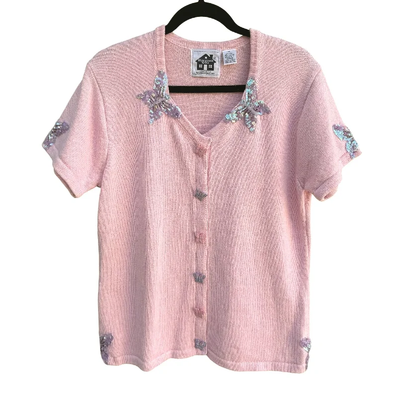 Storybook Knits Pink Sequin Butterfly Buttons Short Sleeve Cardigan Sweater M Striped Floral Plaid Storybook Knits Pink Sequin Butterfly Buttons Short Sleeve Cardigan Sweater M Striped Floral Plaid