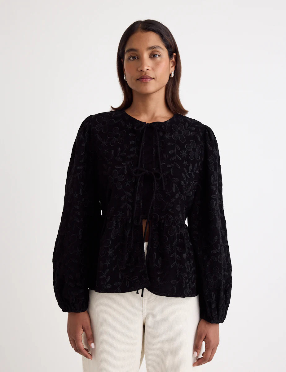 Cord Tie Front Blouse Black Embroidery Slim Fit Blouse