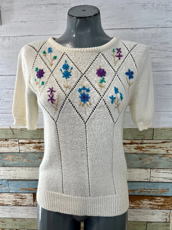 80s Embroiled flowers Knit Sleeve Sweater Anti-Pilling Anti-Shrink Durable