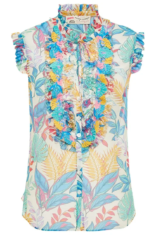 Sleeveless Palm Print Blouse Semi-Sheer Blouse