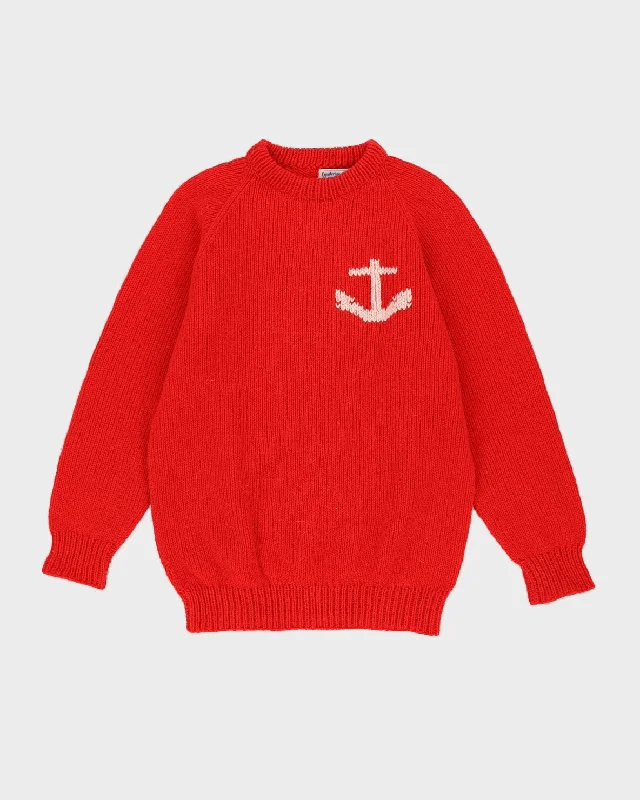 Vintage 1980s Red With Anchor Knitted Jumper - M Wool Fabric Cashmere Fabric Tweed Fabric Vintage 1980s Red With Anchor Knitted Jumper - M Wool Fabric Cashmere Fabric Tweed Fabric
