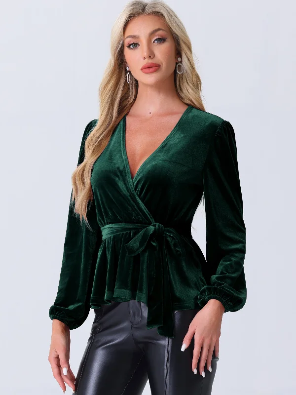 Velvet Wrap Tie Waist Long Sleeve Peplum Blouse Lightweight Chiffon Blouse