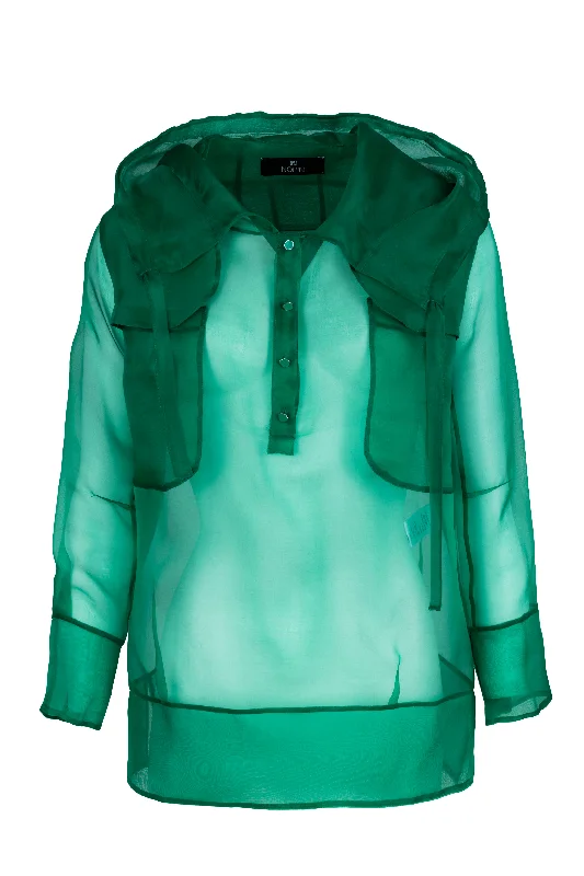 Green Silk Organza Blouse with Hood Double Button Blouse