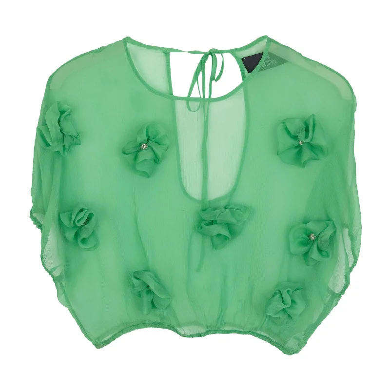 Green Silk Flower Blouse Backless Summer Blouse