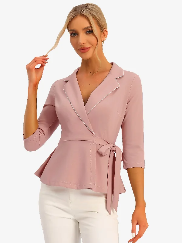 Notch Lapel Collar Tie Waist Wrap Peplum Blouse Modern Oversized Blouse