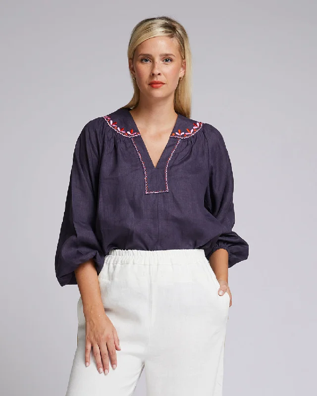 Ava Blouse - Navy Feminine Satin Blouse