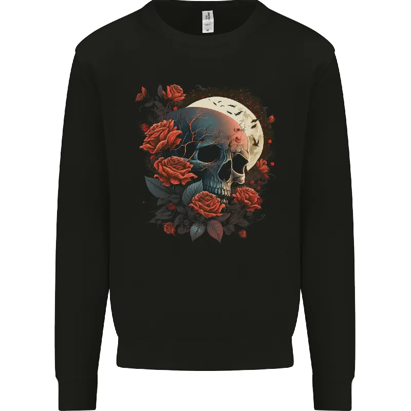 A Dark Fantasy Skull With Roses and Moon Mens Sweatshirt Jumper Hoodie with Button Placket Classic Preppy A Dark Fantasy Skull With Roses and Moon Mens Sweatshirt Jumper Hoodie with Button Placket Classic Preppy
