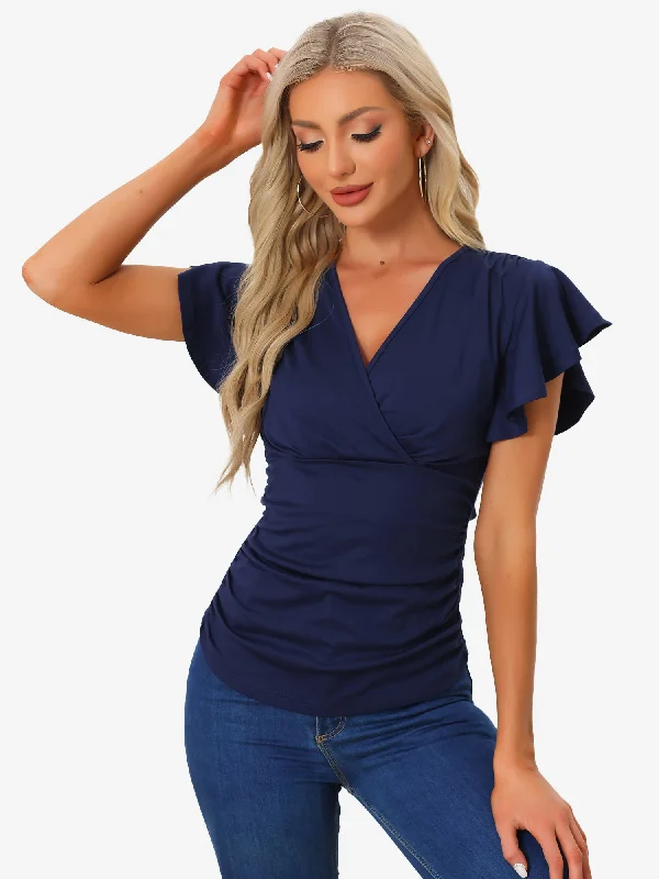 Faux Wrap Blouse Summer V Neck Ruffle Sleeve Casual Top Blouse Wrap Front Blouse