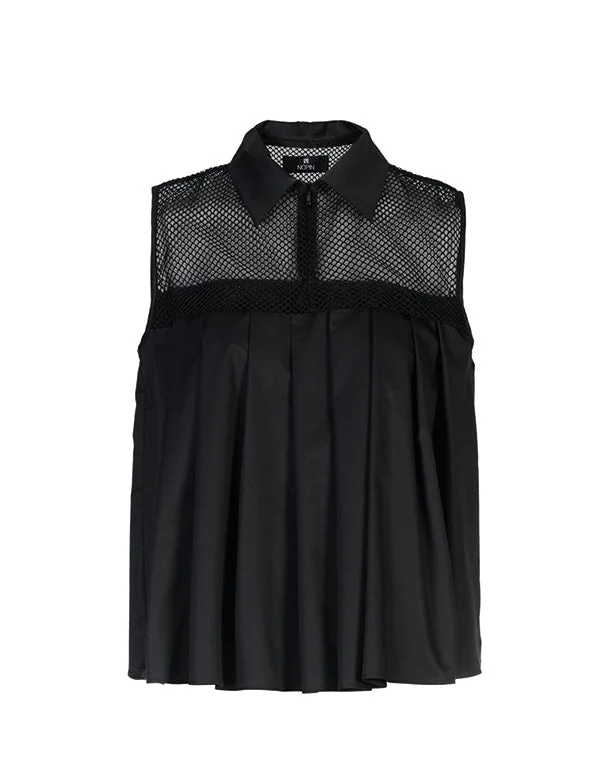 Black Hollow Pleated Blouse with Mesh Peter Pan Collar Blouse