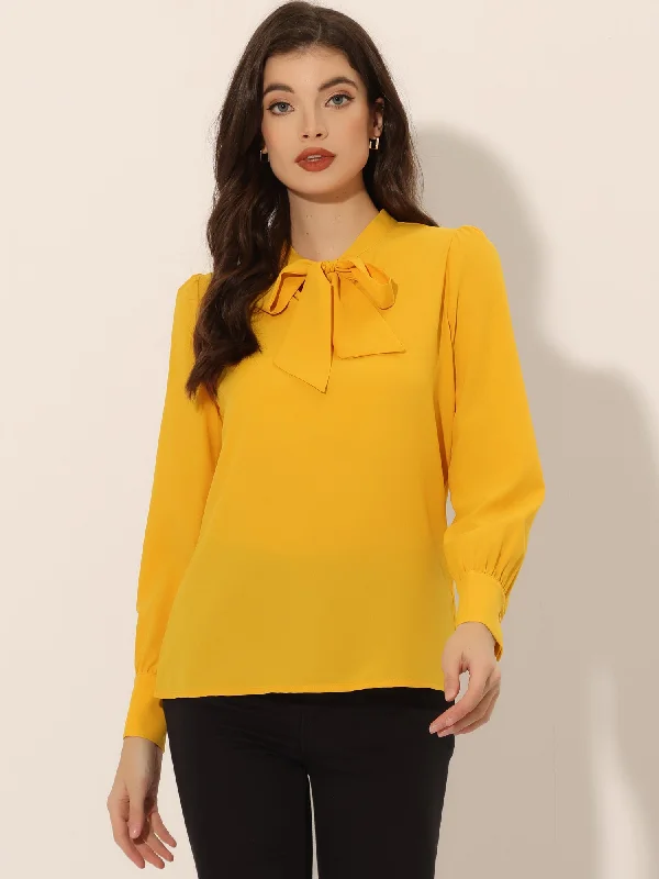 Bow Tie Neck Elegant Top Long Sleeve Solid Work Office Blouse Elegant Lace Blouse
