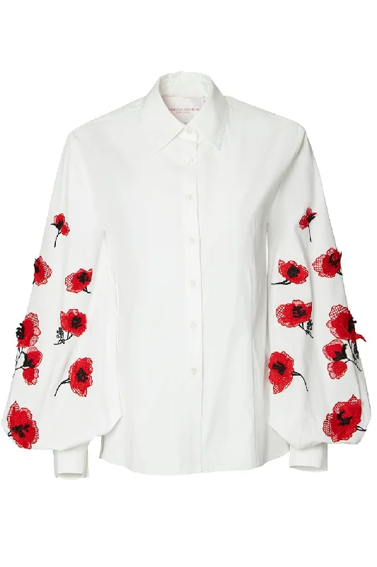 Embroidered Puff Long Sleeve Button Down Blouse Sheer Mesh Blouse