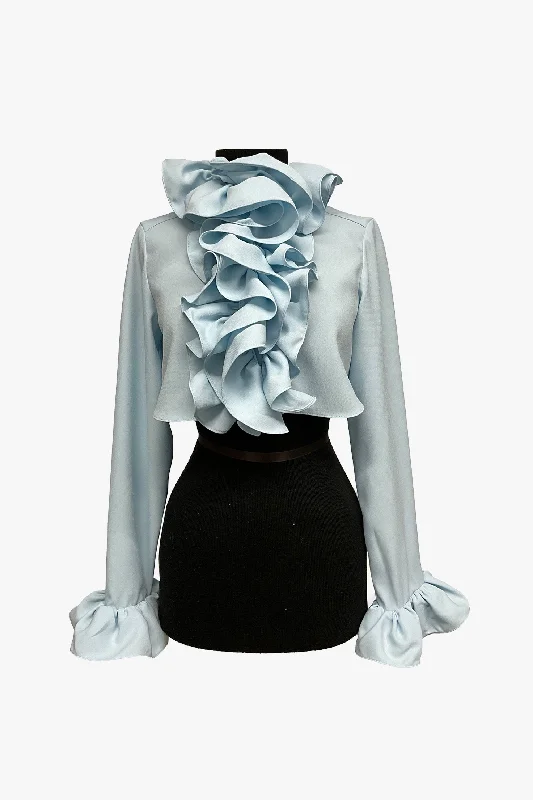 Crepe Ruffle Cropped Blouse Bell Sleeve Blouse